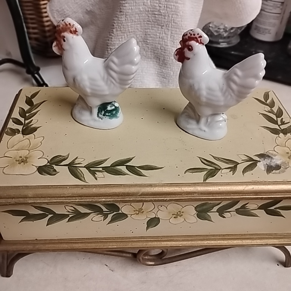 Ceramic Chicken Figurines on Floral Box